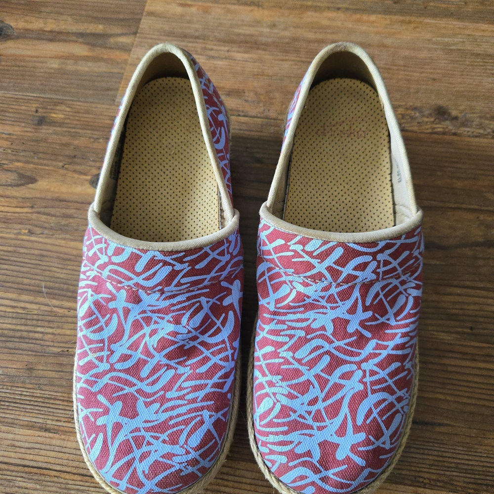 Dansko Red and Light Blue Patterned Slip-On Mules